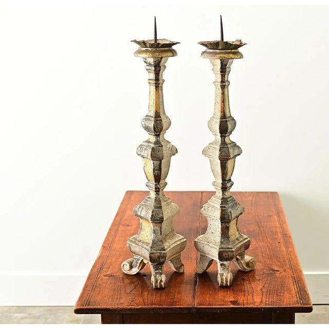 Wood 16th Century Italian Gilt Cathedral Altar Candlesticks - A Pair For Sale - Image 7 of 8