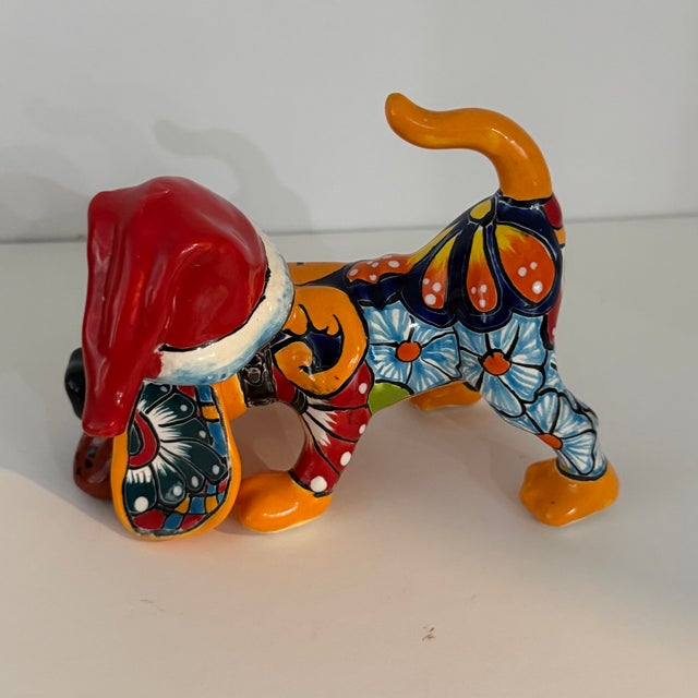 Talavera Mexican Pottery Dog Hound, Christmas Puppy, Hand Painted Dog Statue For Sale In Phoenix - Image 6 of 12