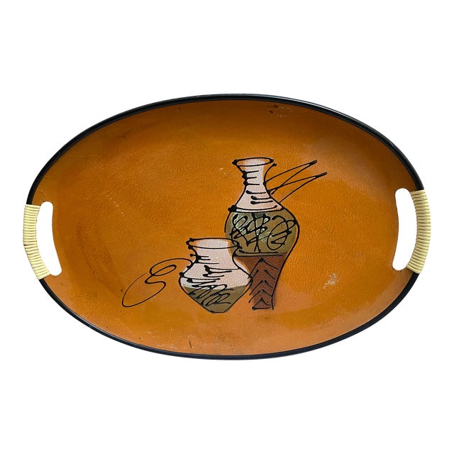 1950s Mid Century Modern Tray Wood Fiberboard Pottery Vases Design For Sale