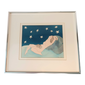Teresa Farr 1979 Original Watercolor Naked Lady With Cat Stargazing Framed 17x15