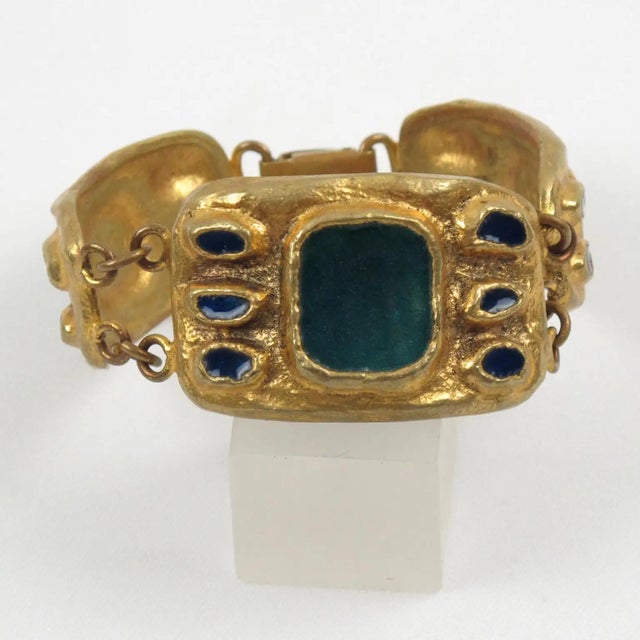 Metal French Designer Willy Gilt Bronze, Green Enamel Link Bracelet For Sale - Image 7 of 8