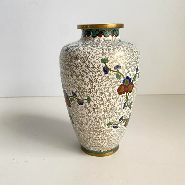 Mid 20th Century Cloisonné Vase Asian Chinoiserie Style White Cherry Blossom Floral 6" Tall For Sale - Image 5 of 12