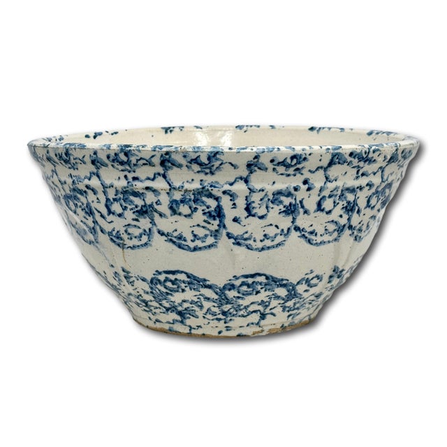 Beautiful Large 12 Inch Size Antique American Blue Spongeware Decorated Stoneware Kitchen Mixing Bowl - 1890s For Sale - Image 17 of 18