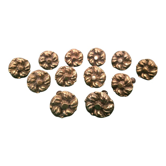 Set of 12 Solid Brass Mid-Century Floral Cabinet Knobs With Original Screws For Sale