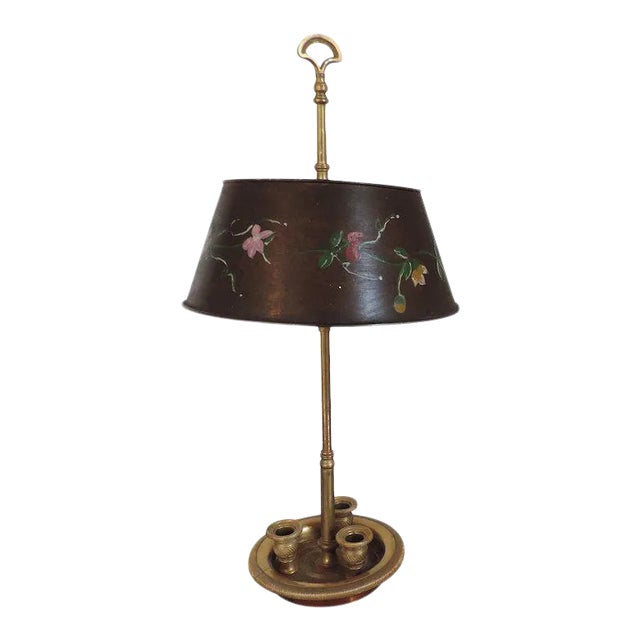 French Gilt Bronze / Ormolu Bouillotte Lamp with Paint Decorated Tole Shade For Sale
