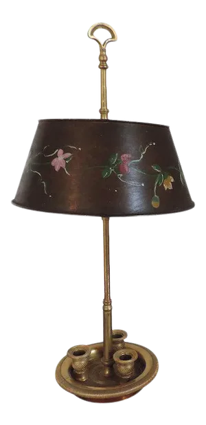 French Gilt Bronze / Ormolu Bouillotte Lamp with Paint Decorated Tole Shade