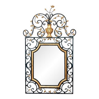 New LaBarge Neoclassical Wrought Iron Urn & Leaf Gilt Wall Mirror 62" Tall For Sale