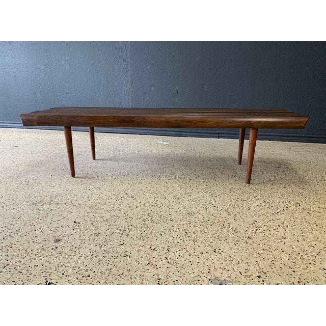 Mid-century slat wood bench , great for under a window or to be used as a coffee tables. all original condition. 2....