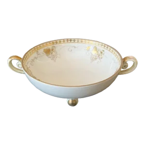 Antique Hand Painted Nippon Gold Gilt Grape Vine Porcelain Double Handled Bowl, Circa 1912-1921