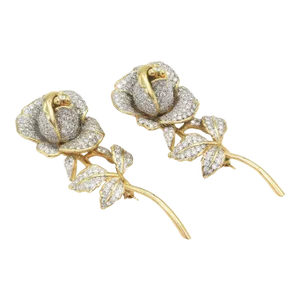 Pave Diamond Yellow Gold Rose Brooches - 2 Pieces