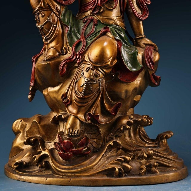 Painted Gilt‑Bronze Water‑Moon Guanyin Statue, Chinese Free‑Seated Avalokiteshv Figure For Sale - Image 9 of 10
