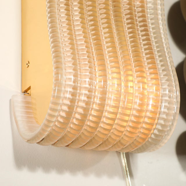 Metal Pair of Hand-Blown Undulating Reeded Murano Glass Sconces With Brass Fittings For Sale - Image 7 of 18
