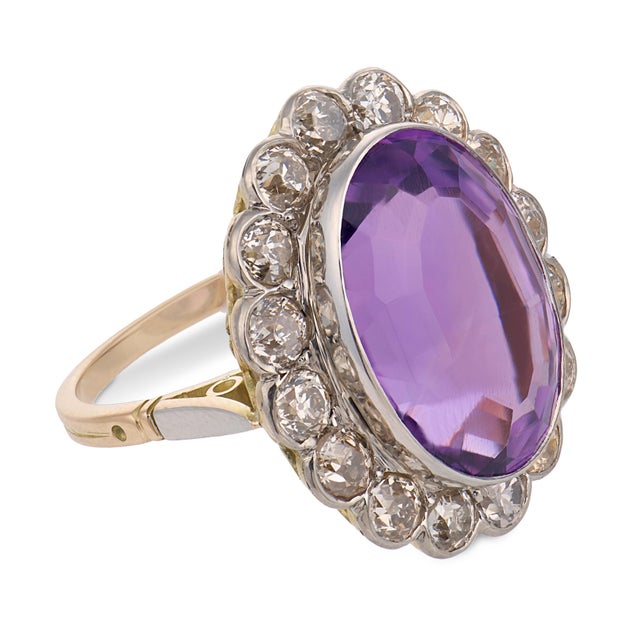 19th Century Victorian 11.40 Carat Amethyst Diamond 18k Yellow Gold Cluster Ring, Size 6.25 For Sale - Image 4 of 6