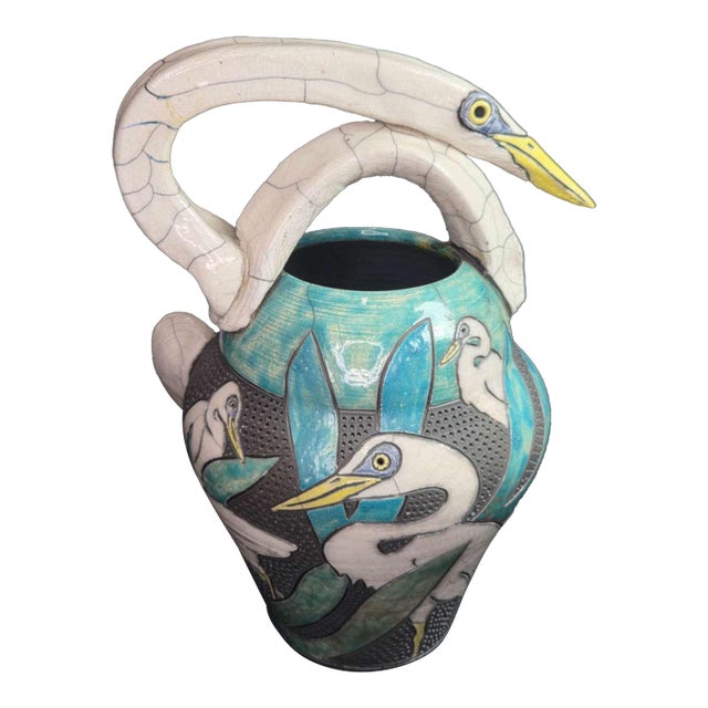 Vintage Designer Raku Pottery Vase With Birds For Sale