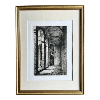 Antique French Etching Chateau Chambord Interior With Grand Staircase For Sale