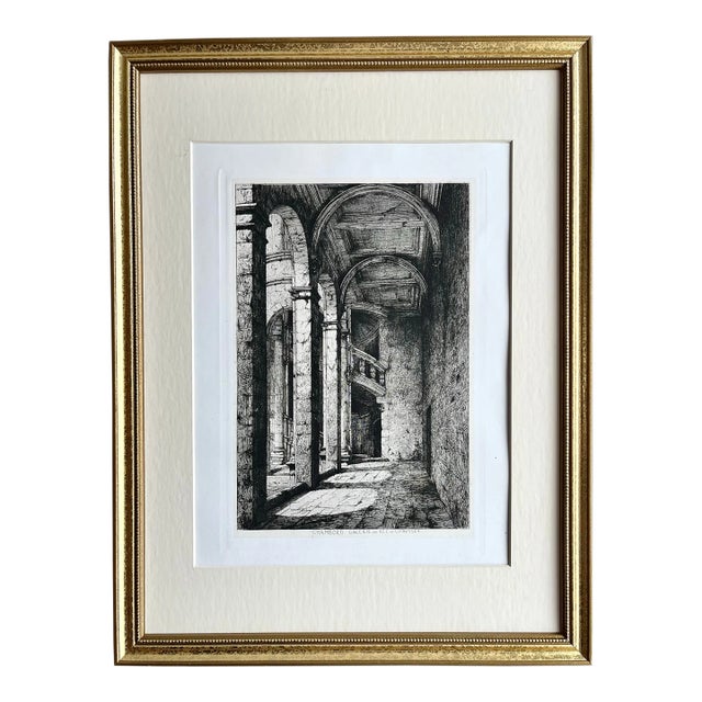 Antique French Etching Chateau Chambord Interior With Grand Staircase For Sale