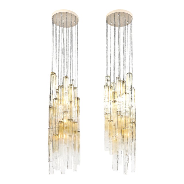 Pair of Mid-Century Large Muted Citrine Calza Glass Chandeliers Signed Venini For Sale