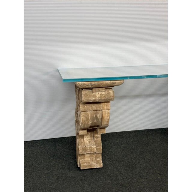 Restoration Hardware Restoration Hardware (Rh) Classical Reclaimed Teak Corbel Glass Desk & Console Table For Sale - Image 4 of 8