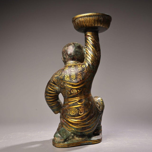 Vintage Bronze Oil Lamp With Gold Inlay - Kneeling Boy Figure For Sale - Image 4 of 10