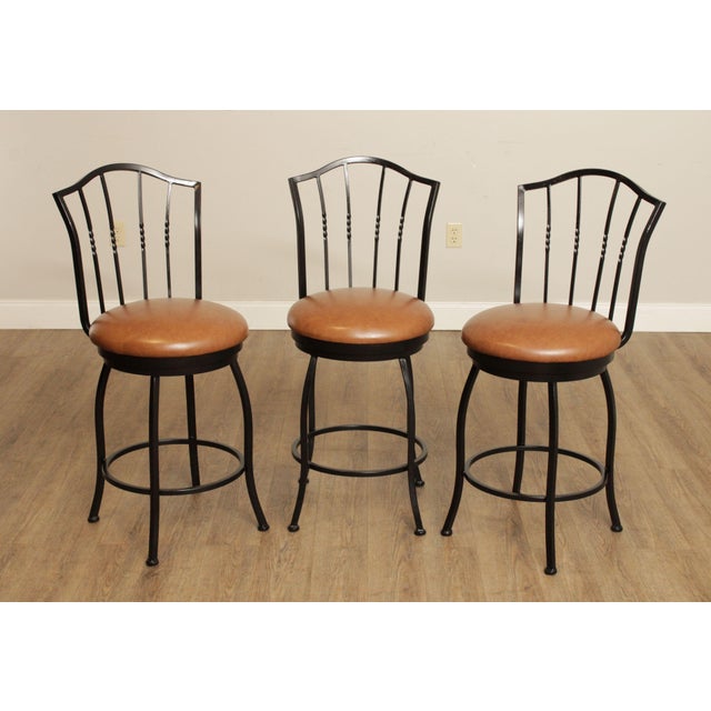 Early 21st Century Trendler Wrought Iron & Leather Swivel Bar Stools
