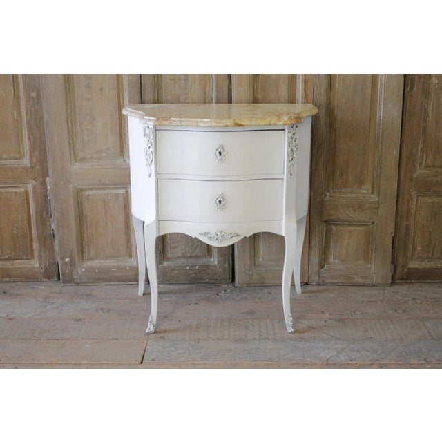 20th century painted French Louis XV style commode with marble top Original working locking key and tassel, drawers open...