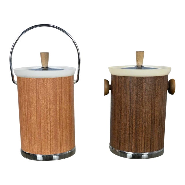 Vintage Mid-Century Modern Pair Kromex Ice Buckets 1 Light 1 Dark Woodgrain Textured Metal - Set of 2 For Sale