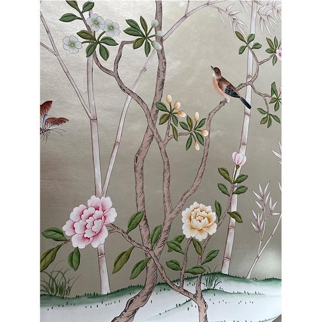 Silver Leaf Chinoiserie Hand-Painted Bird & Floral Wall Panels (Set of 2) For Sale - Image 4 of 5