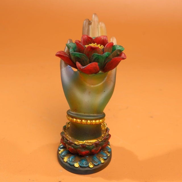 Traditional Vintage Liuli Glass Buddha's Hand Holding Lotus Statue Altar Decor 4.7" For Sale - Image 3 of 9