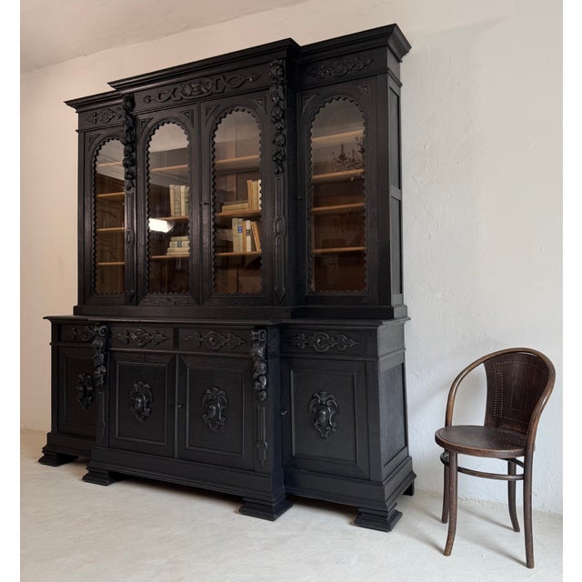 Large Antique Ebonised Oak Bookcase, 1890s For Sale - Image 4 of 18