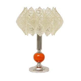 Mid-Century Table Lamp with Orange Ceramic Ball and Lotus Shade For Sale