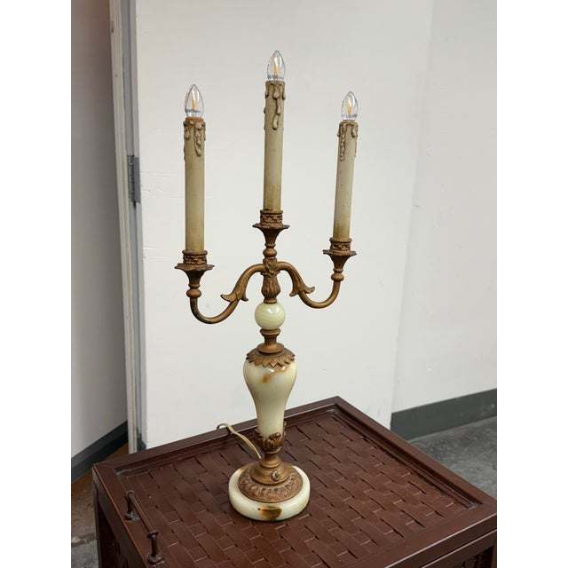Neoclassical Vintage Neoclassical Alabaster Three-Light Candelabra Table Lamp For Sale - Image 3 of 12