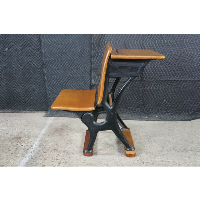 Antique American Solid Maple Classroom School Desk Cast Iron Flip-Up Chair Combo For Sale - Image 16 of 18