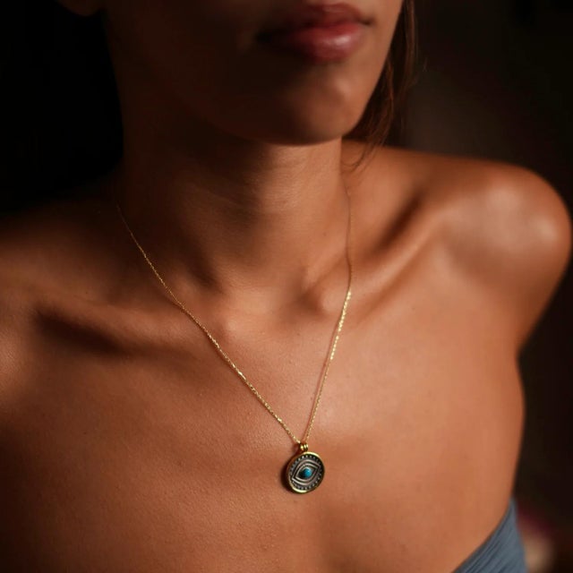 Turquoise & Sterling Silver Positive Energy Pendant Gold Necklace For Sale - Image 4 of 9