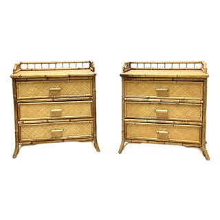 Pair of Mid 20th Century Bloomingdale’s Tortoiseshell Bamboo and Grasscloth Side Tables For Sale