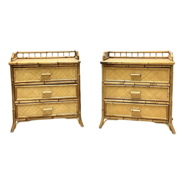 Pair of Mid 20th Century Bloomingdale’s Tortoiseshell Bamboo and Grasscloth Side Tables For Sale