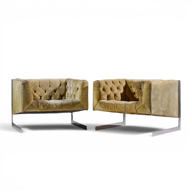 Mid-Century Modern Milo Baughman for Thayer Coggin Mid Century Cantilever Steel Tufted Lounge Chairs - Pair For Sale - Image 3 of 12