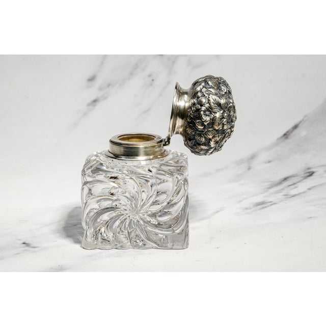 Magnificent Antique Victorian Sterling Silver Repoussé Floral & Swirl Crystal Desk Paperweight Inkwell Luxury Home Decor For Sale - Image 10 of 14