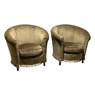 Pair of Vintage Library Barrel Chairs in Dark Green Fabric For Sale