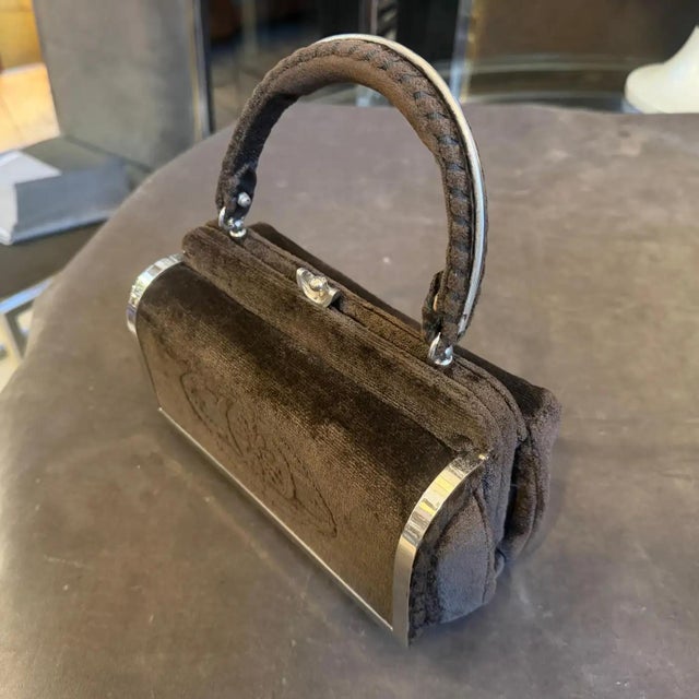 Contemporary 1970s High Quality Brown Cut Velvet and Silver Plated Metal Italian Evening Bag For Sale - Image 3 of 13