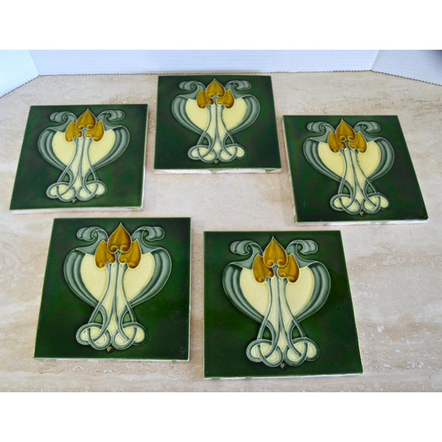 Italian Set of 5 Art Nouveau Ceramic Tiles, 1900s For Sale - Image 3 of 12