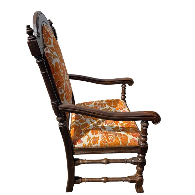 Brown 1970s Ethan Allen Jacobean Royal Charter Oak Dining Room Armchairs Gothic Pair For Sale - Image 8 of 14