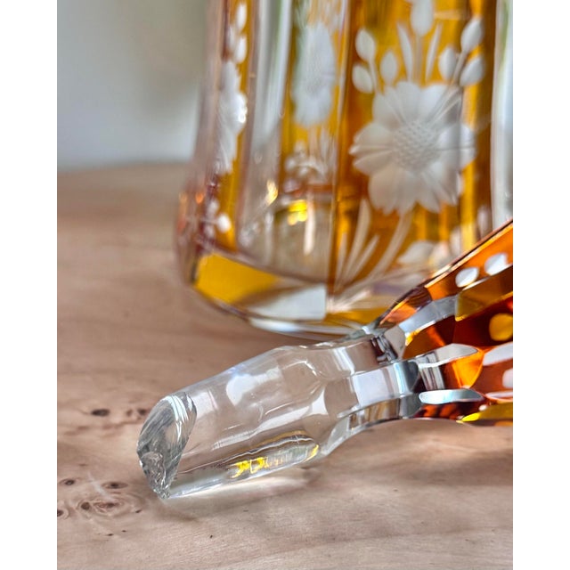 Art Deco Vintage Art Deco Amber Cut Floral Etched Crystal Decanter Set With 6 Glasses - 7 pcs For Sale - Image 3 of 12