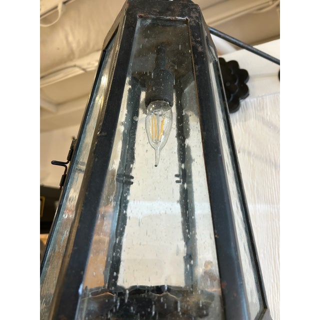 Vintage Iron Lantern Wall Sconces With Glass Seeded Panels - a Pair For Sale - Image 4 of 17