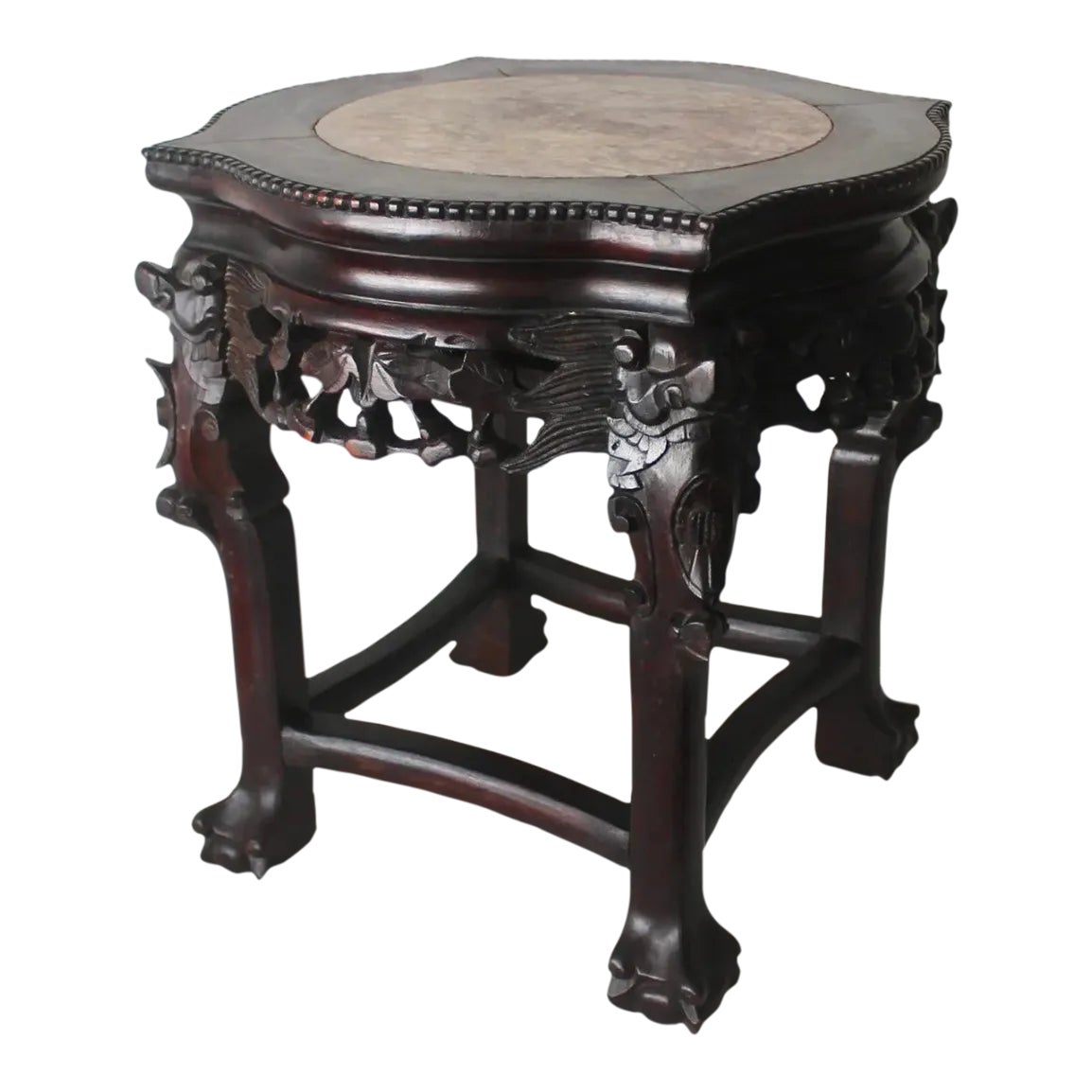 Early 20th Asian Carved Hardwood Marble Top Low Stand Side Table Plant ...