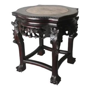 Early 20th Asian Carved Hardwood Marble Top Low Stand Side Table Plant Stand