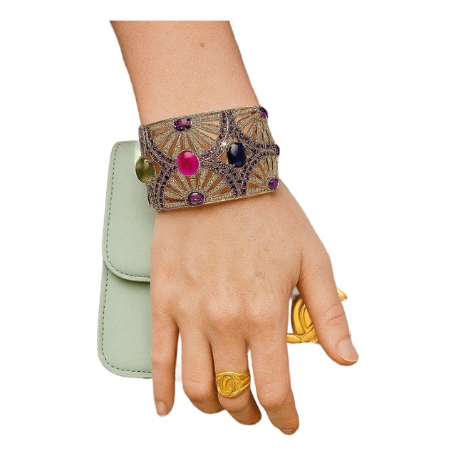 Bochic "Capri" Vintage Ruby, Sapphire & Emerald Cuff Set In 18K Gold & Silver For Sale