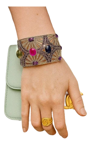 Bochic "Capri" Vintage Ruby, Sapphire & Emerald Cuff Set In 18K Gold & Silver