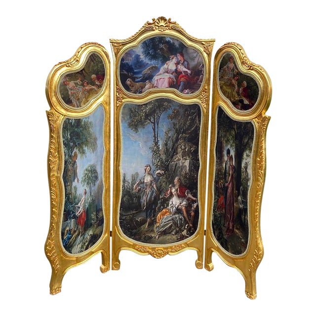 20thC Louis XVI Gilded Beech 3-Panel Room Divider Screen For Sale