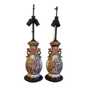 Antique 18th Century Chinese Famille Rose Porcelain Vases as Table Lamps - a Pair