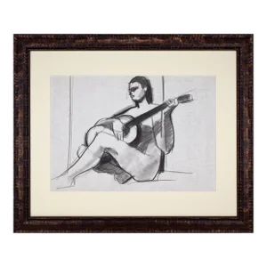 Vintage Mid Century Charcoal Figure Study Drawing of a Female Nude W/ Guitar C. 1960